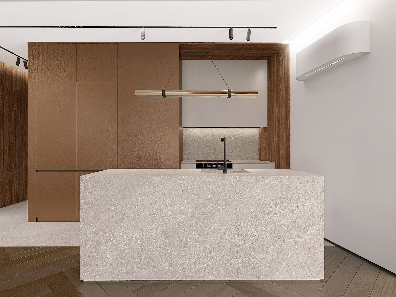 Nowoczesna kuchnia z wyspą z kamienia, oświetleniem punktowym i drewnianymi akcentami. Minimalistyczny design z klimatyzacją na ścianie.