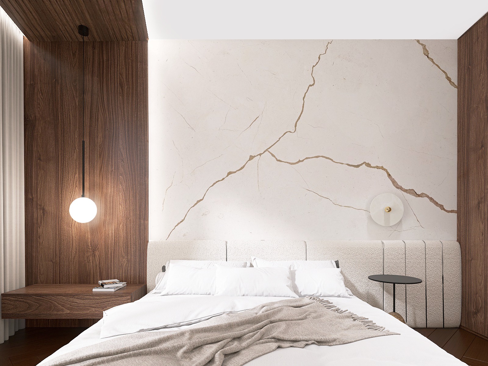 Nowoczesna sypialnia z łóżkiem, marmurową ścianą z żyłami i drewnianą zabudową. Nocna lampka w formie kuli. Minimalistyczny stolik nocny i dekoracyjny pled na łóżku.