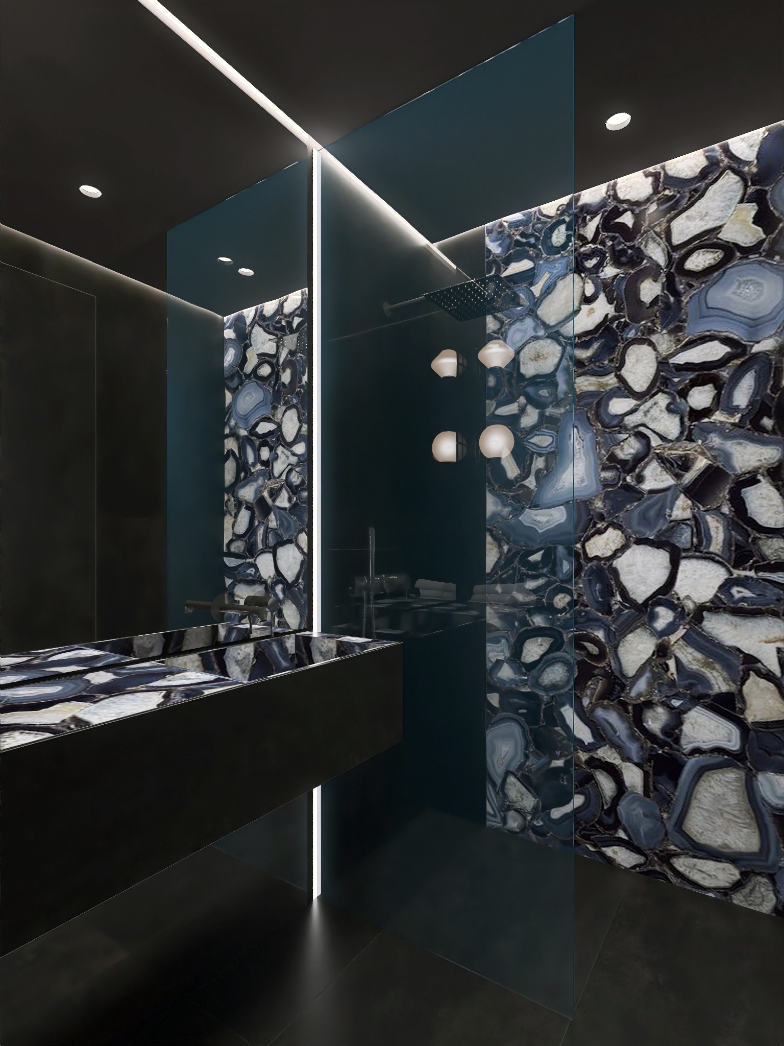 Nowoczesna łazienka z czarnymi płytkami i umywalką z kamienia agatowego, oświetlona listwami LED, z deszczownicą i dekoracyjnymi lampami kulami.