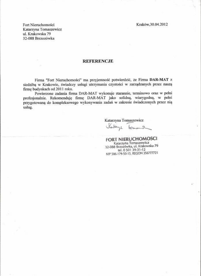 Skan referencji dla firmy DAR-MAT od Fort Nieruchomości, potwierdzający wysoką jakość usług utrzymania czystości w budynkach od 2011 roku, z datą Kraków, 30.04.2012.