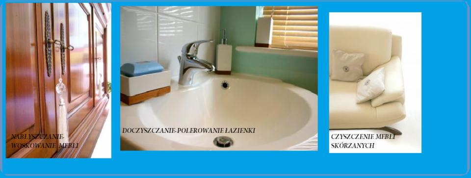 Kolaż prezentujący odnowione meble drewniane, czystą umywalkę w łazience z chromowaną armaturą i wypielęgnowany skórzany fotel w jasnej tonacji.