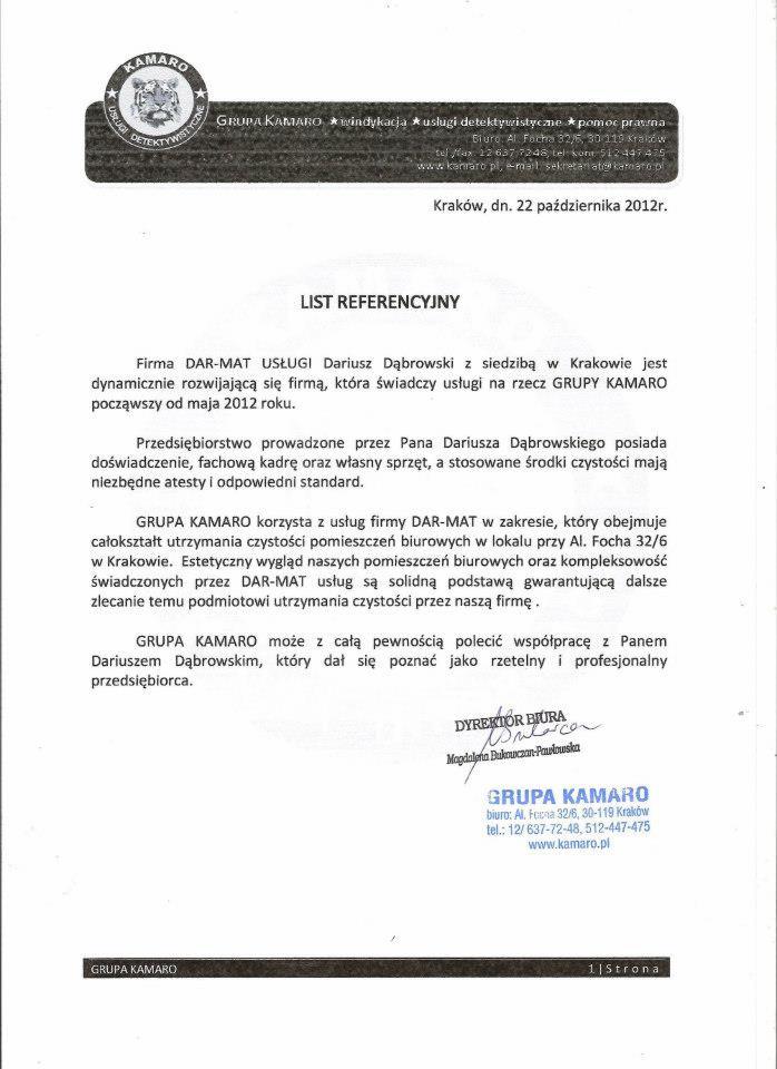 Dokument referencyjny firmy DAR-MAT USŁUGI, świadczącej usługi dla GRUPY KAMARO w zakresie utrzymania czystości biur. Data wystawienia: 22 październik 2012.