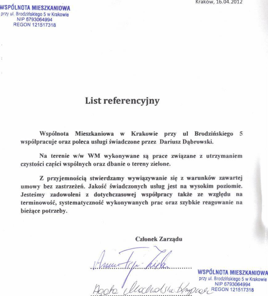 List referencyjny dla Dariusza Dąbrowskiego od Wspólnoty Mieszkaniowej w Krakowie, potwierdzający wysoką jakość usług utrzymania czystości i dbania o tereny zielone.