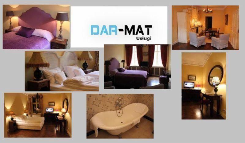 Kolaż zdjęć wnętrz: sypialnie z fioletowymi i białymi łóżkami, łazienka z wanną, salon z białymi fotelami, logo firmy DAR-MAT Usługi na środku.