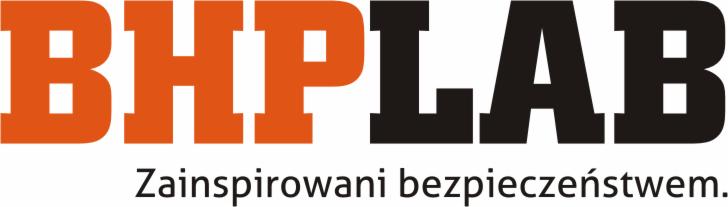 Logo firmy BHP LAB w kolorach pomarańczowym i czarnym z hasłem 'Zainspirowani bezpieczeństwem.'