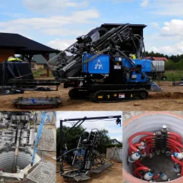 Kompilacja zdjęć przedstawiająca specjalistyczną maszynę wiertniczą na gąsienicach podczas pracy na zewnątrz, z widocznymi elementami instalacji w wykopie i podłączeniami węży.