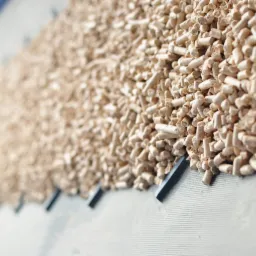 Jasne, drewniane pelety na taśmie produkcyjnej, widziane z bliska pod kątem, z lekko rozmytym tłem.