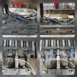 Zdjęcie por&oacute;wnawcze 'Przed' i 'Po' czyszczeniu przemysłowym metalowej maszyny z widocznymi przewodami i elementami hydraulicznymi, prezentujące r&oacute;żnicę w czystości i usunięciu zabrudzeń.