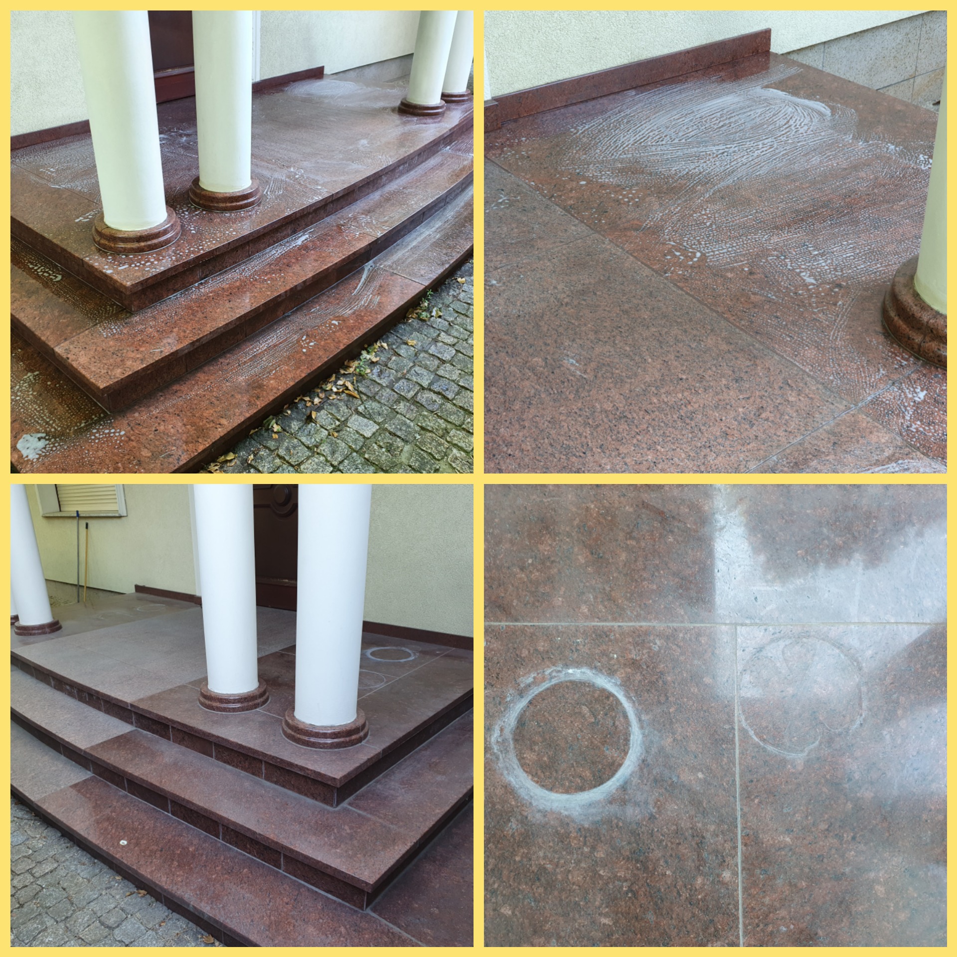 Czteropanelowe ujęcie czyszczenia granitowych schodów wejściowych z kolumnami, ukazujące etapy od mycia detergentem po usunięcie zabrudzeń i plam.