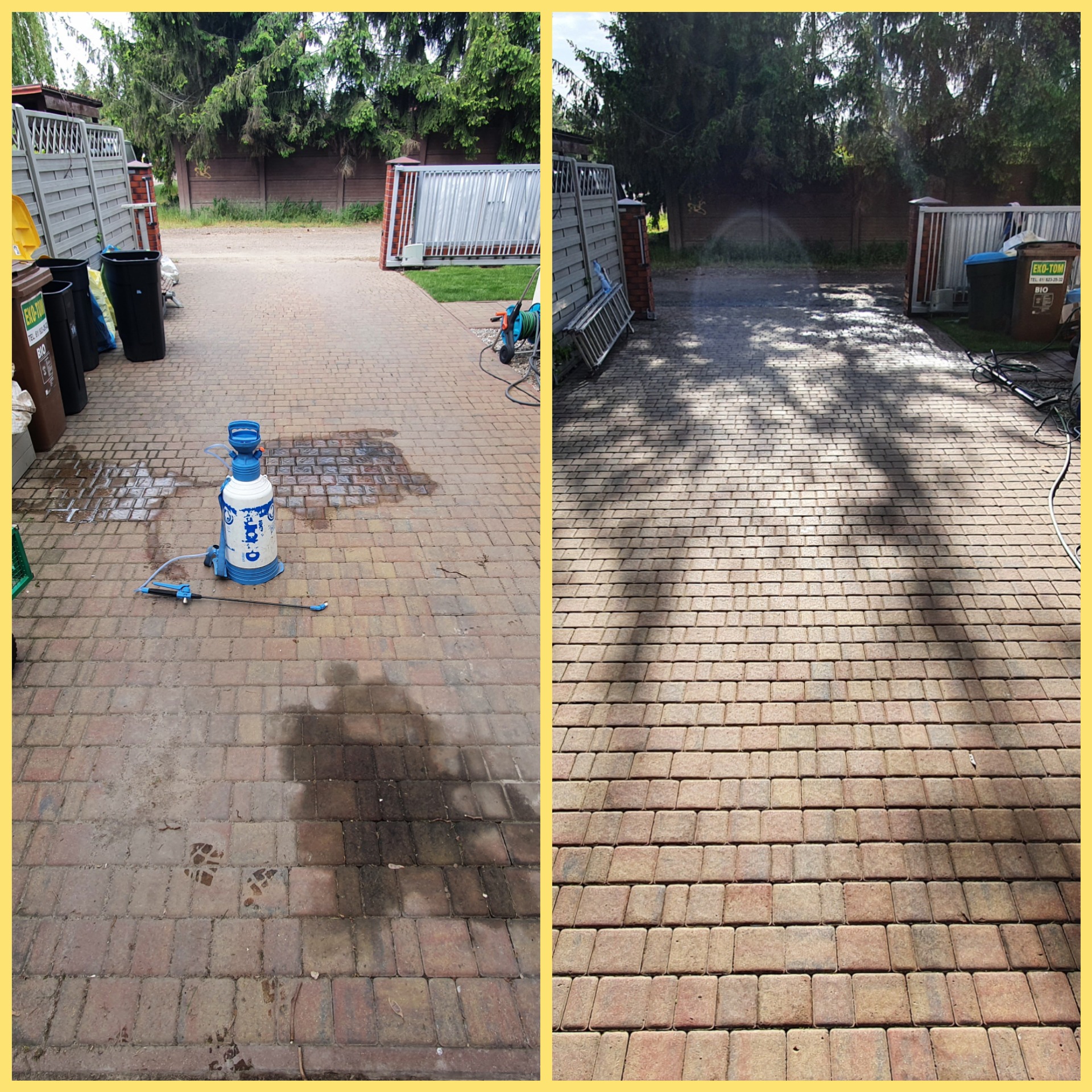 Porównanie stanu kostki brukowej przed i po czyszczeniu, z widocznym spryskiwaczem ciśnieniowym i śladami butów na brudnej powierzchni.