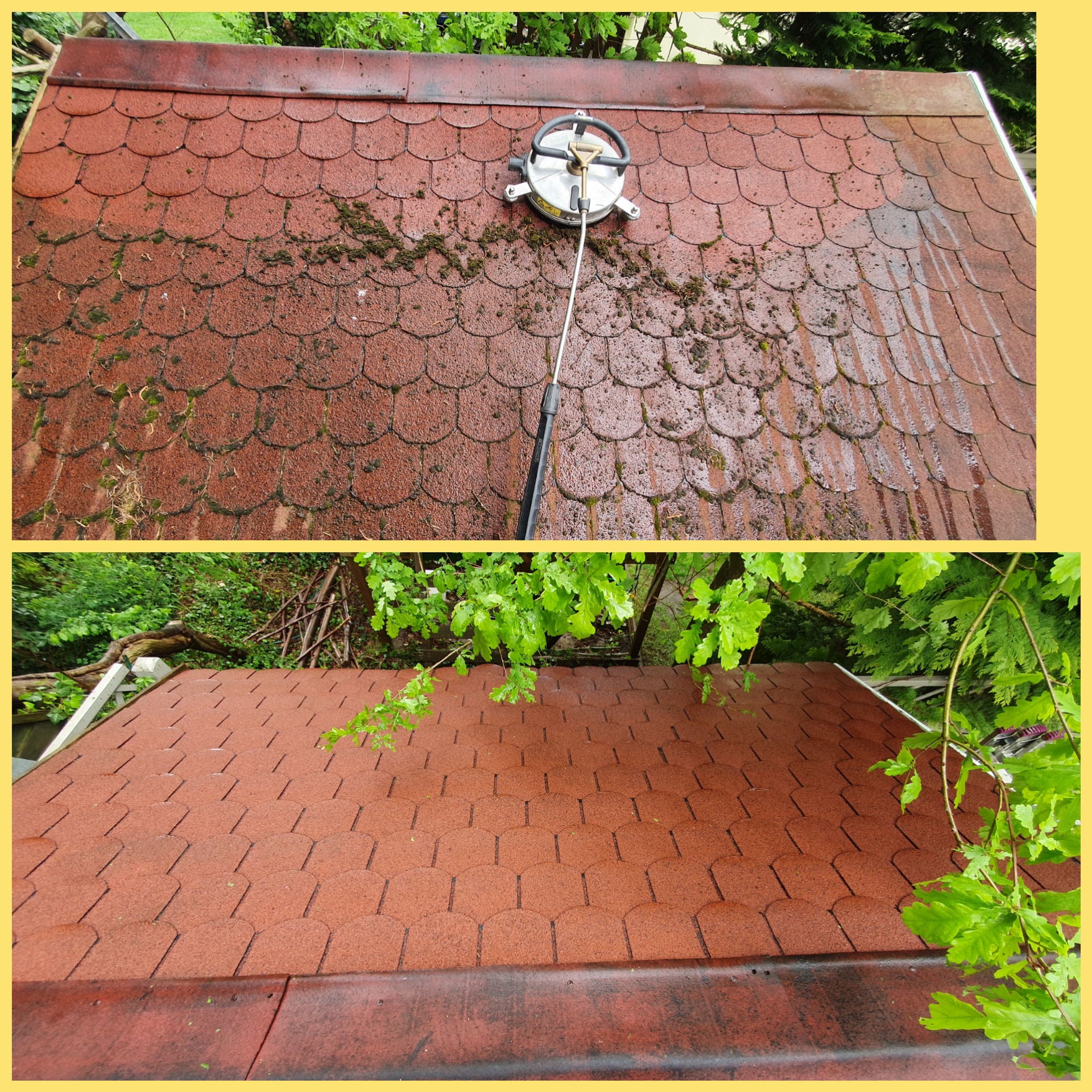 Czerwony dach pokryty gontem bitumicznym w trakcie czyszczenia: górna część dachu jest częściowo pokryta mchem i brudem, a po prawej stronie widać ślady po czyszczeniu myjką ciśnieniową; dolna...