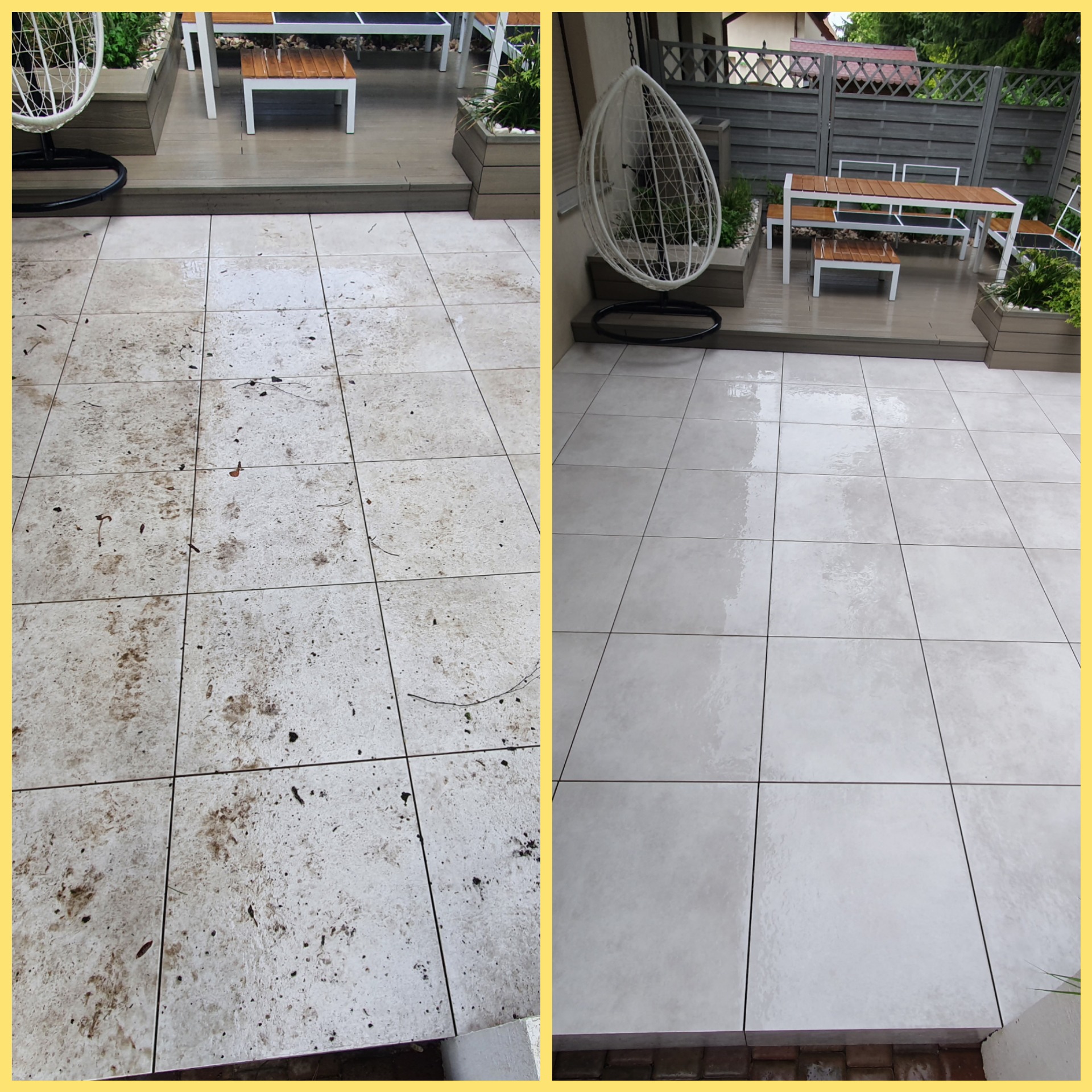 Porównanie stanu kostki brukowej przed i po myciu. Lewa strona zabrudzona, prawa strona czysta i mokra.