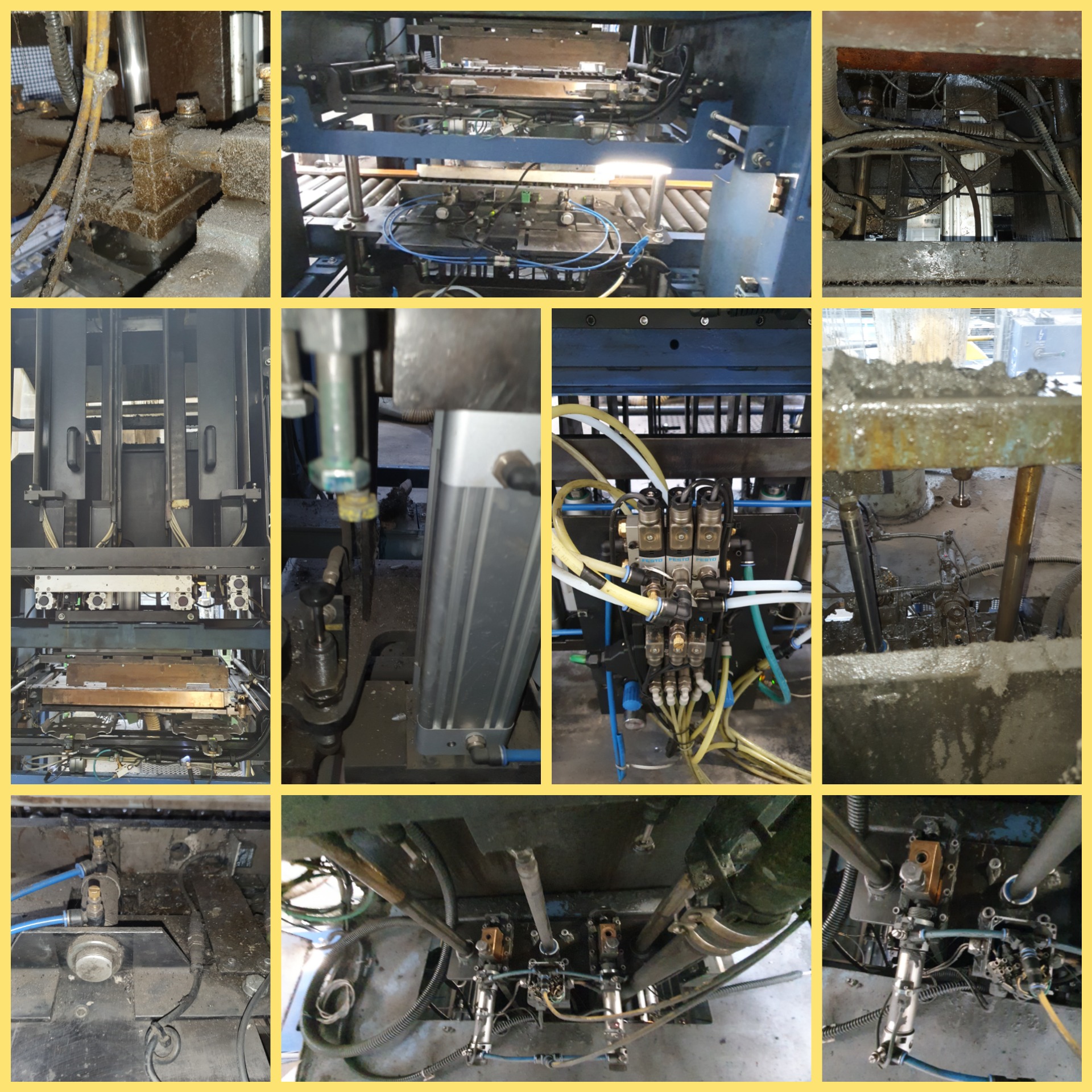 Szczegółowe ujęcia fragmentów brudnej, przemysłowej maszyny z widocznymi przewodami, siłownikami i elementami sterującymi.