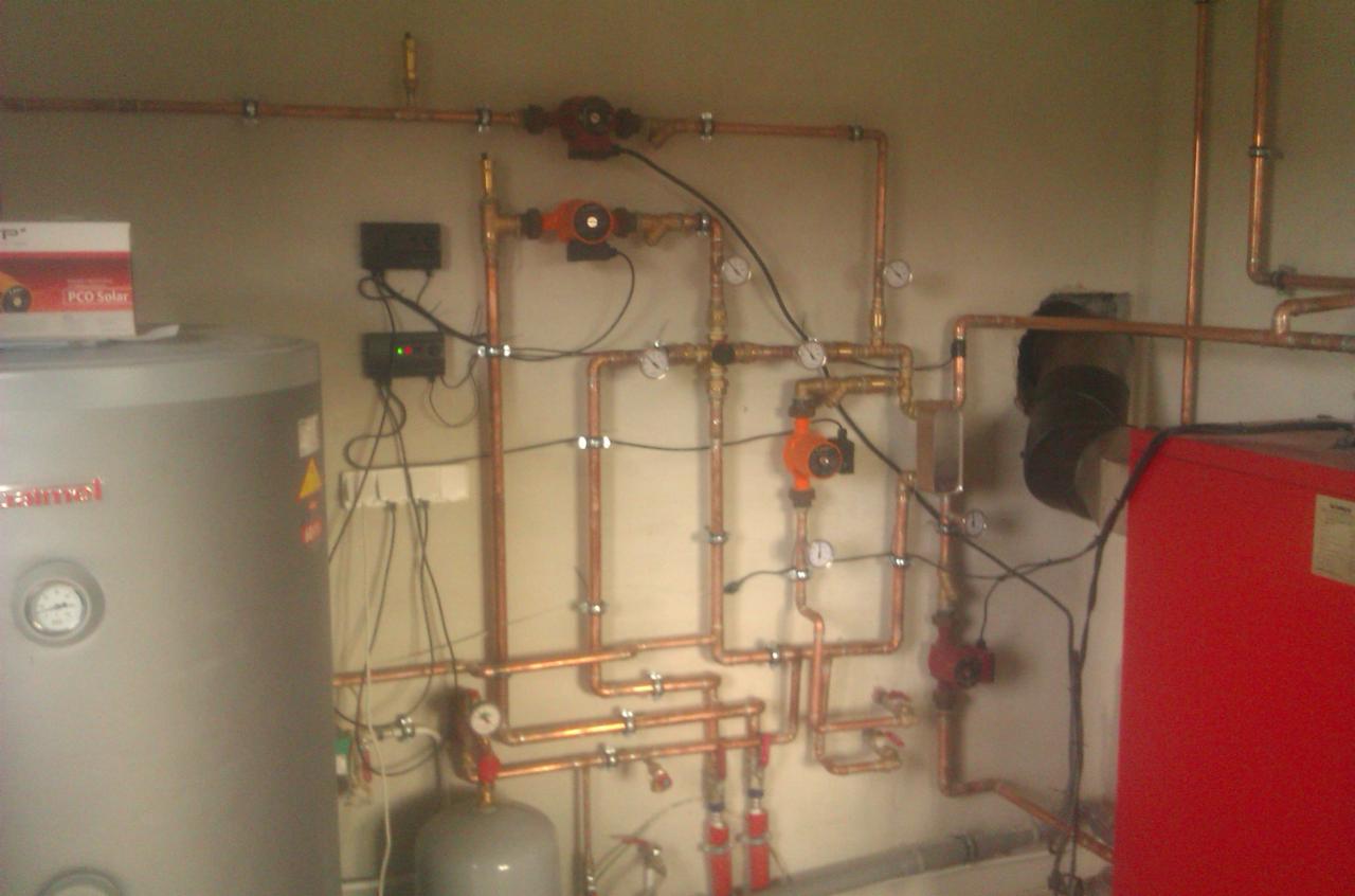 Kotłownia z kotłem, zasobnikiem ciepłej wody i rozbudowaną instalacją z miedzianych rur, pomp obiegowych i manometrów na ścianie.