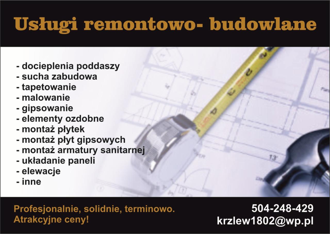 Oferta usług remontowo-budowlanych: docieplenia, zabudowa, malowanie, gipsowanie, montaż płytek i armatury. Plan architektoniczny w tle. Kontakt telefoniczny i e-mail.