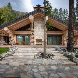 Nowoczesny dom z bali z kamiennym kominem i ścieżką z kamienia naturalnego, otoczony lasem iglastym.