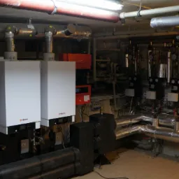 Złożona instalacja kotłowni z trzema białymi kotłami Viessmann, licznymi rurami, zaworami i czujnikami, widocznymi na tle betonowego sufitu i podłogi z terakoty.