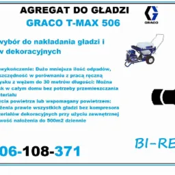 Grafika reklamowa agregatu do nakładania gładzi Graco T-Max 506, z informacją o możliwości natrysku z wężem do 30 metrów i nakładaniu materiałów dekoracyjnych przy użyciu sprężarki, logo Graco...