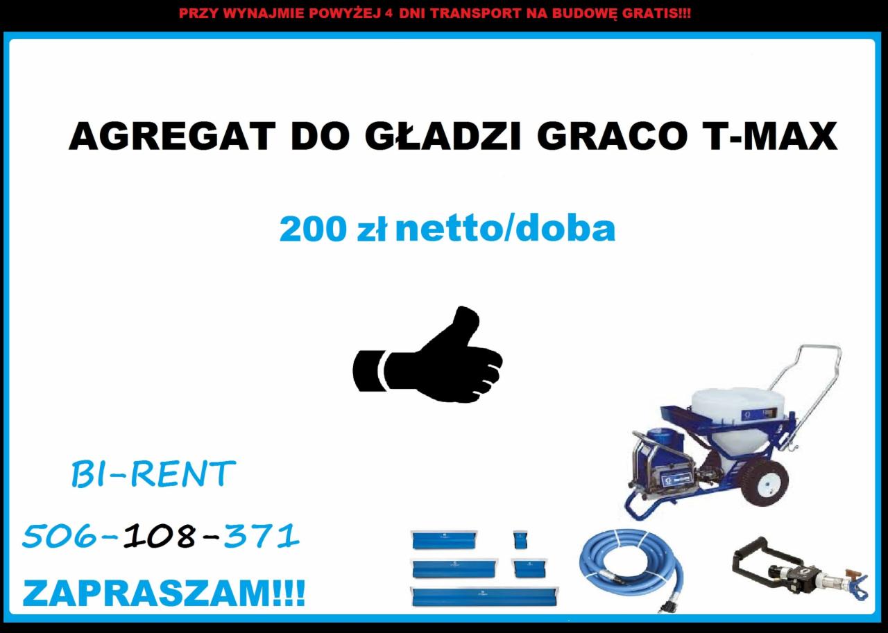 Agregat do nakładania gładzi marki Graco T-Max, oferta wynajmu za 200 zł netto za dobę, informacja o darmowym transporcie przy wynajmie powyżej 4 dni, kontakt telefoniczny, akcesoria do agregatu