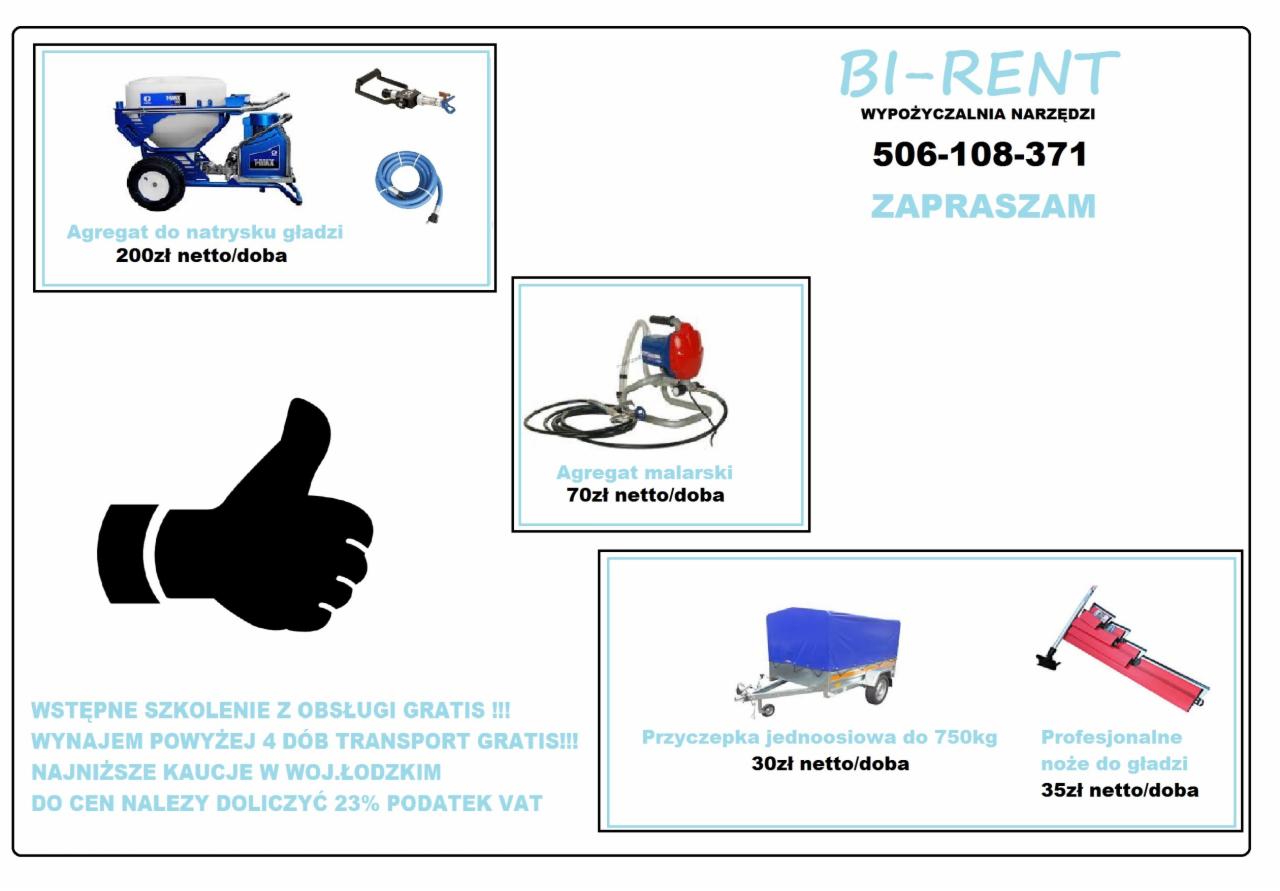 Oferta wypożyczalni narzędzi budowlanych Bi-Rent: agregat do natrysku gładzi, agregat malarski, przyczepka jednoosiowa i nóż do gładzi, z informacją o cenie za dobę i darmowym transporcie przy...