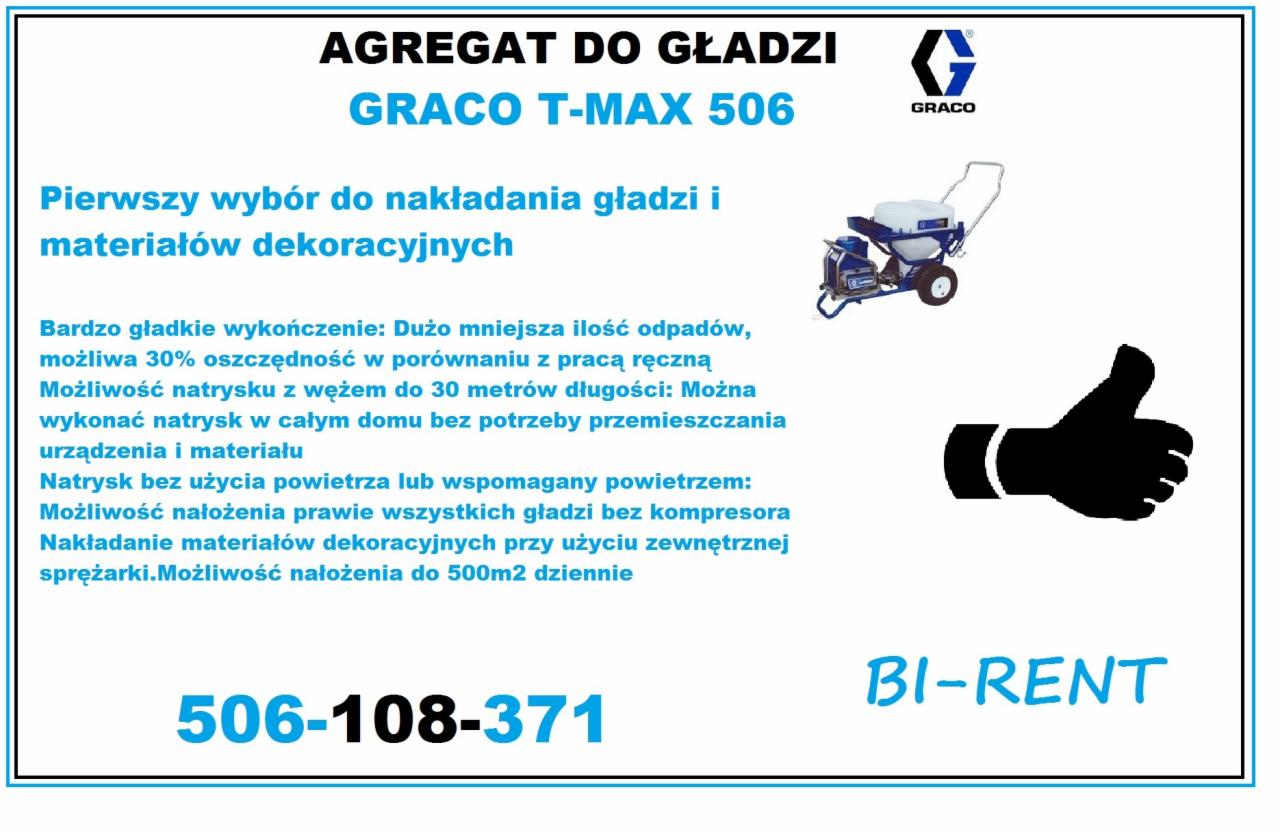 Grafika reklamowa agregatu do nakładania gładzi Graco T-Max 506, z informacją o możliwości natrysku z wężem do 30 metrów i nakładaniu materiałów dekoracyjnych przy użyciu sprężarki, logo Graco...