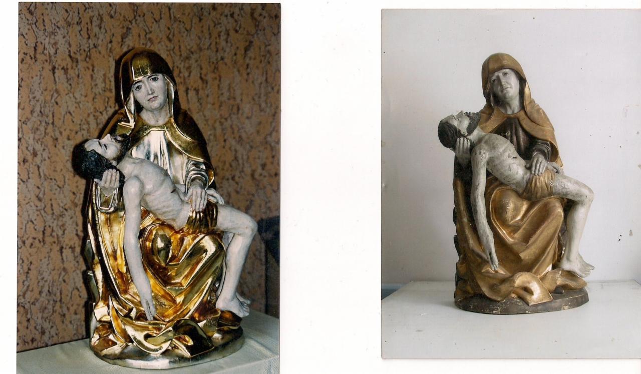 Dwie wersje Piety: odnowiona, ze złotymi szatami na tle wzorzystej ściany, i przed renowacją, z widocznymi śladami czasu na białym tle.