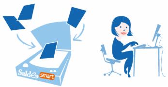Ilustracja przedstawiająca integrację SaldeoSmart z systemami ERP: stylizowany skaner z logo SaldeoSmart i wpadającymi kartkami oraz postać kobiety pracującej przy komputerze.
