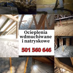 Cellterm ocieplenia-termowizja - Montaż izolacji termicznej na poddaszu: pracownik w kombinezonie ochronnym aplikuje materiał izolacyjny za pomocą węża, widoczne krokwie i wypełniona przestrzeń między nimi, różne ujęcia i etapy...