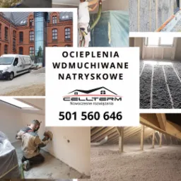 Kompozycja zdjęć przedstawiających proces ocieplania budynków różnymi metodami: natrysk pianki, wdmuchiwanie materiału izolacyjnego w ściany i poddasze, widoczny budynek firmy CELLTERM i jej...