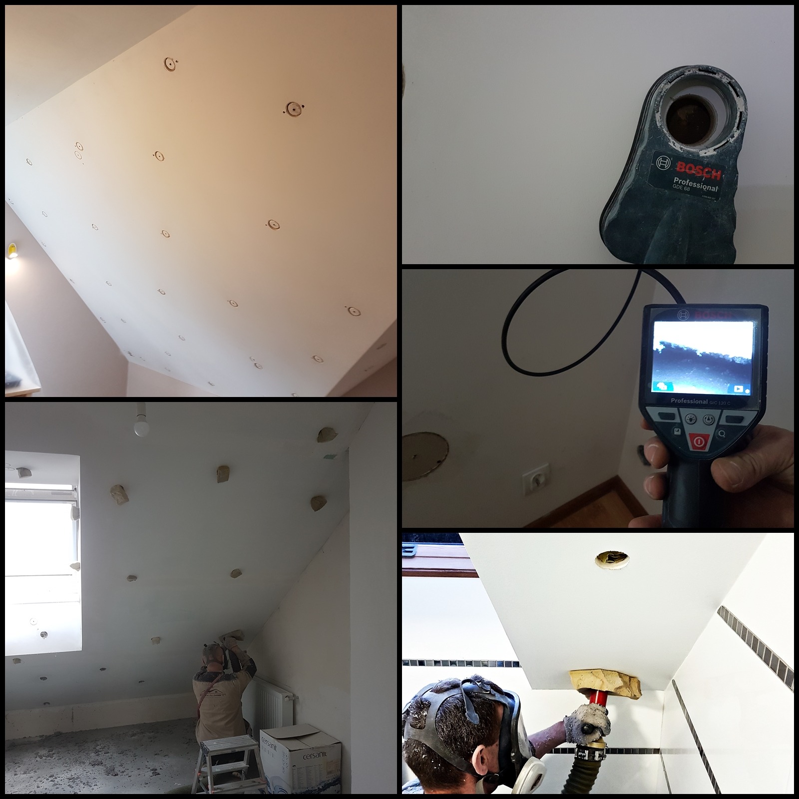 Montaż punktowych lamp w podwieszanym suficie na poddaszu, widoczne otwory i instalacja, pracownik w masce ochronnej podczas prac instalacyjnych, termowizja w trakcie pomiaru izolacji.