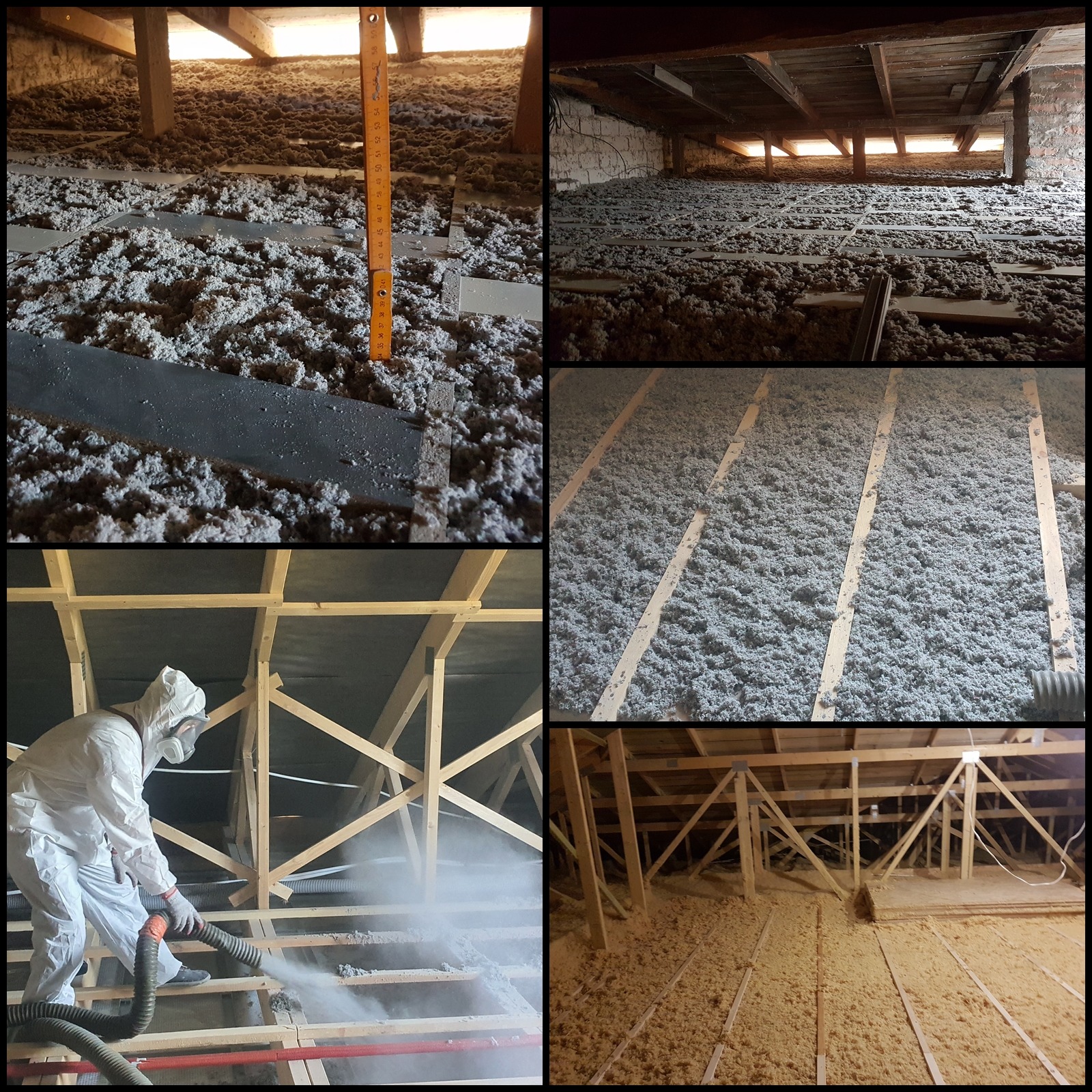 Montaż izolacji w przestrzeni poddasza: kolaż zdjęć prezentujący etapy prac, w tym pomiar grubości warstwy izolacyjnej, widok z perspektywy wnętrza poddasza oraz aplikacja materiału przez...