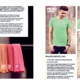 Katalog odzieży: męska zielona koszulka, damska różowa koszulka, paleta kolorów, opis właściwości HD. Prezentacja kolorów, wykończenia i kroju.