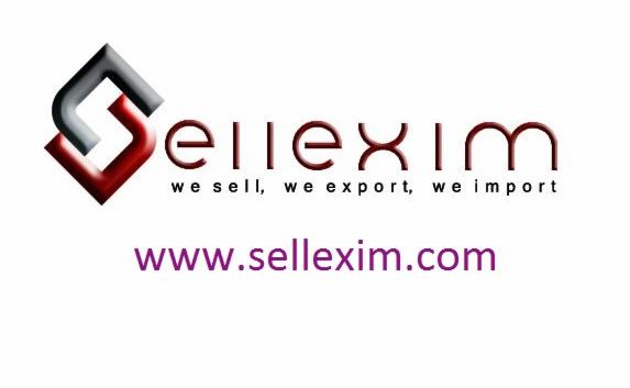 Logo firmy Sellexim z hasłem 'we sell, we export, we import' i adresem strony www.sellexim.com. Geometryczny symbol w kolorach szaro-czerwonym.