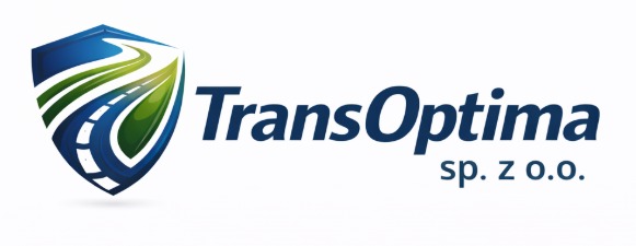 Logo firmy TransOptima sp. z o.o. z motywem drogi w tarczy, w odcieniach niebieskiego i zieleni, na białym tle. Nazwa firmy w kolorze granatowym.
