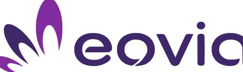 Logo firmy Eovia, fioletowy napis z graficznym symbolem przypominającym liść.