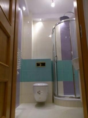 Wykończona łazienka z kabiną prysznicową, toaletą podwieszaną i turkusowymi akcentami. Widok zza otwartych, drewnianych drzwi.