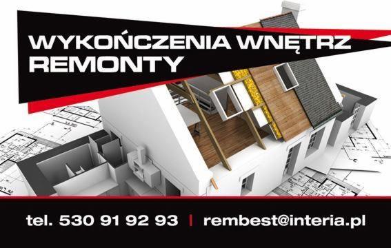 Grafika 3D domu w trakcie budowy z widocznymi planami architektonicznymi. U góry napis 'Wykończenia wnętrz Remonty' oraz dane kontaktowe na dole.