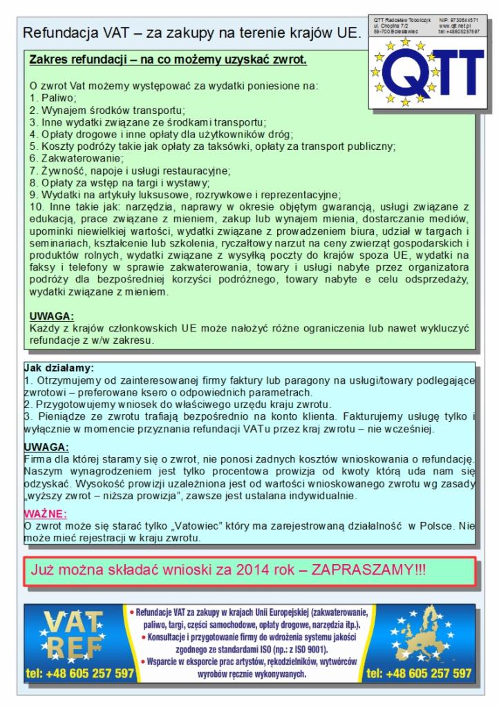 Infografika firmy QTT o refundacji VAT za zakupy w krajach UE. Zawiera zakres refundacji, opis działania i dane kontaktowe. Wyróżnione logo i hasło: Już można składać wnioski!