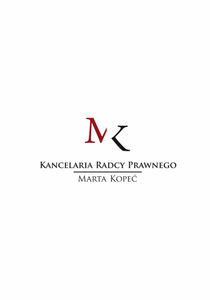 Minimalistyczne logo Kancelarii Radcy Prawnego Marta Kopeć, z inicjałami MK w kolorze czerwonym i czarnym na białym tle.