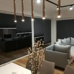 Salon z trzema oknami przesłoniętymi ciemnymi plisowanymi osłonami okiennymi, widoczne oświetlenie sufitowe i szara sofa.