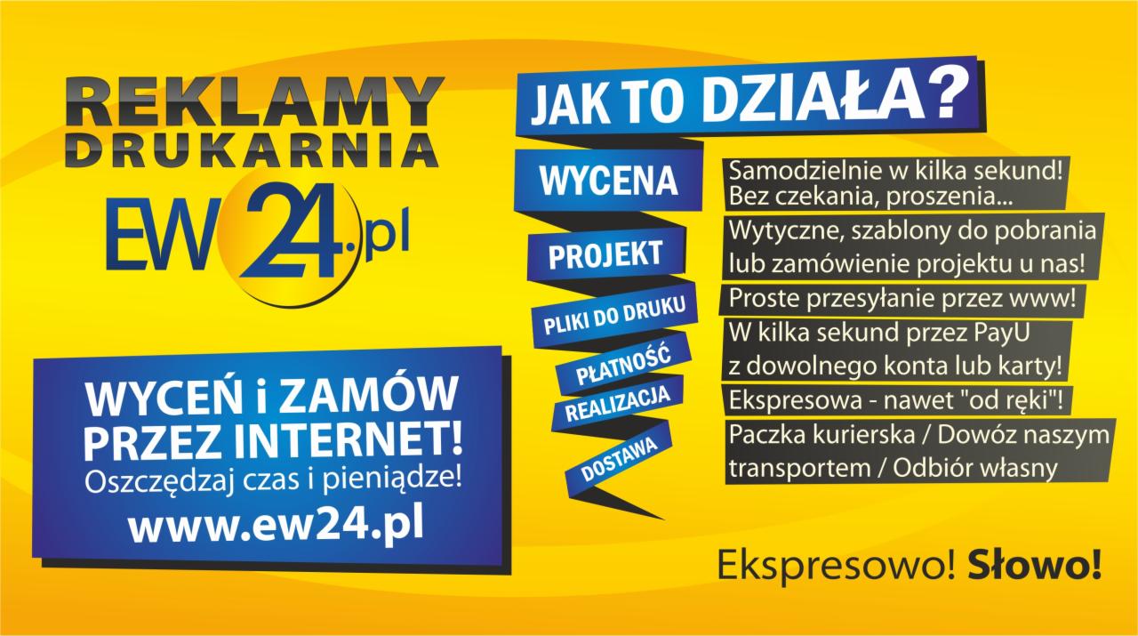 Żółto-niebieski baner reklamowy drukarni internetowej EW24.pl z hasłami o wycenie, projektowaniu, płatności, realizacji i dostawie, oraz informacjami o ekspresowej obsłudze.