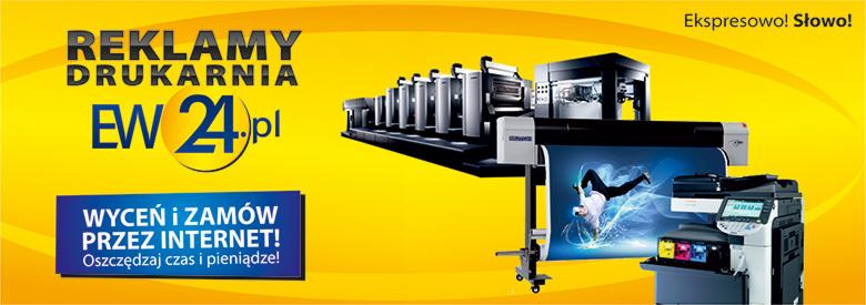 Żółte tło z hasłem 'Reklamy Drukarnia EW24.pl'. Widoczne maszyny drukarskie i baner z grafiką. Wyceń i zamów przez Internet!
