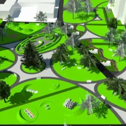 Wizualizacja 3D zagospodarowania terenu zielonego z elementami rekreacyjnymi: skatepark, labirynt z żywopłotu, szachownica plenerowa i ścieżka z mostkami nad strumieniem.