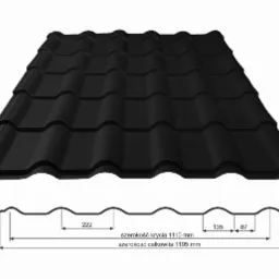 Czarna dachówka modułowa z widocznymi wymiarami (szerokość krycia 1110mm, szerokość całkowita 1195mm), prezentowana przez firmę z Końskich.
