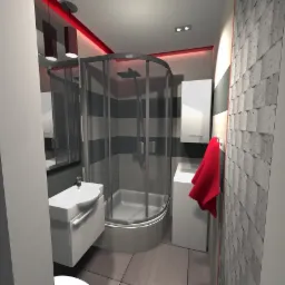 Wizualizacja łazienki z kabiną prysznicową, umywalką nablatową i pralką, utrzymana w szaro-biało-czerwonej kolorystyce, z dekoracyjną ścianą o trójwymiarowej fakturze.