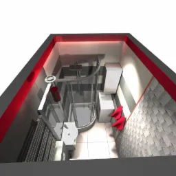 Wizualizacja małej łazienki z kabiną prysznicową, umywalką, grzejnikiem drabinkowym i pralką, z dekoracyjną ścianą z płytek 3D i oświetleniem LED.