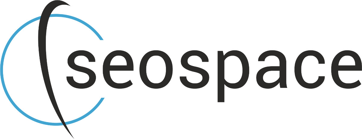 Logo firmy SEOspace z czarnym napisem i elementami graficznymi w kolorze niebieskim i czarnym na białym tle.