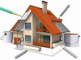 Grafika 3D domu w trakcie malowania, z narzędziami: wałki, pędzle, ołówek i farby. Część domu pomalowana na biało, druga w kolorze ceglastym.