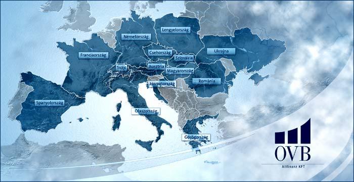 Mapa Europy z zaznaczonymi krajami i logo OVB Allfinanz KFT, sugerująca zasięg działalności firmy ubezpieczeniowej.