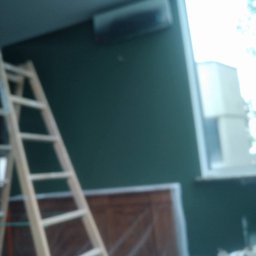 Greg-Bud Usługi Remontowo Budowlane - Świeżo pomalowana, ciemnozielona ściana z klimatyzatorem, zabezpieczone folią drzwi i drewniana drabina, nieostre zdjęcie.